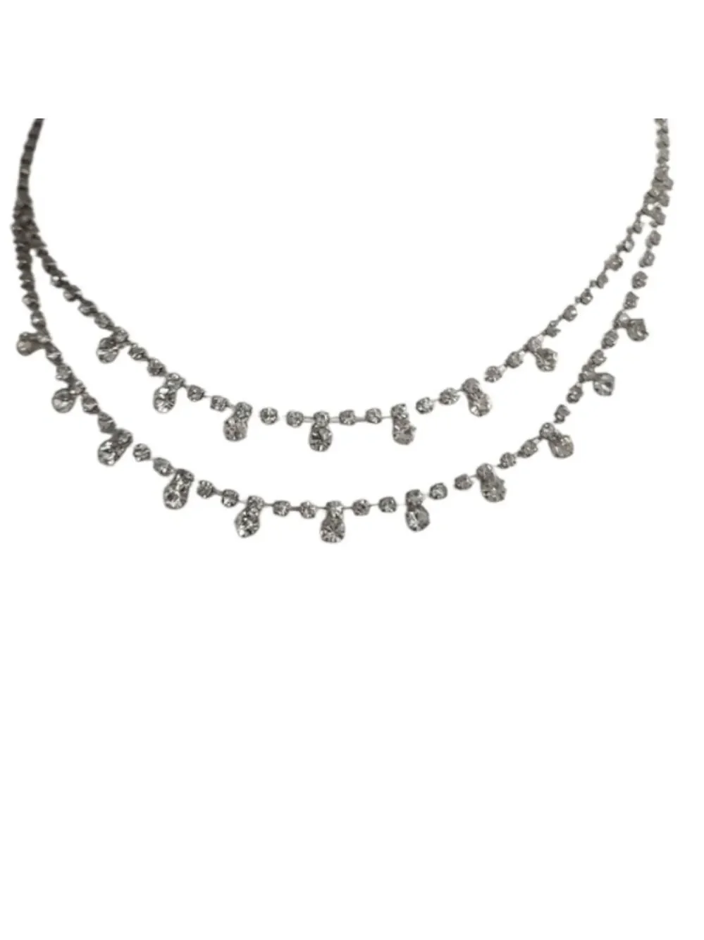 Silvertone Double Layer Necklace Rhinestones